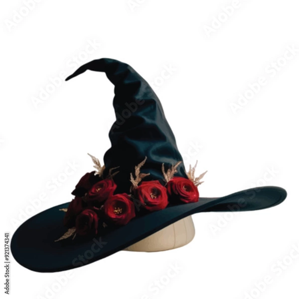 Fototapeta A beautiful black color witch hat adorn with red roses isolated on white vector illustration 