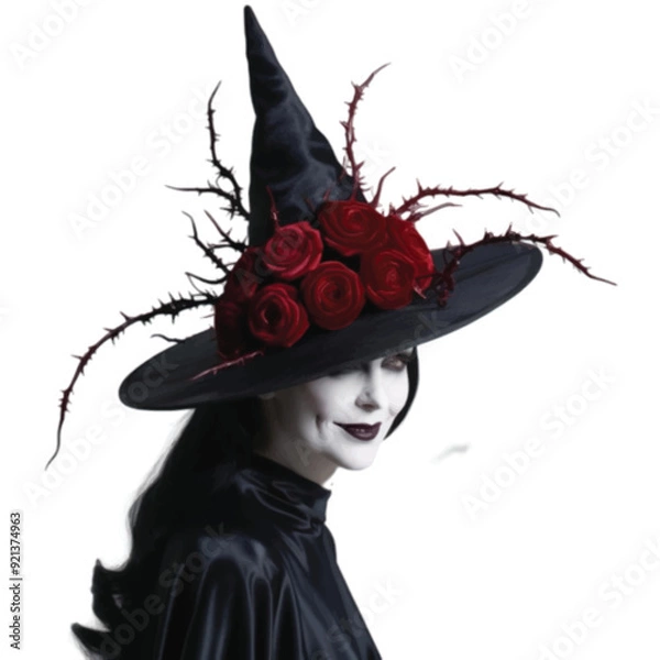 Fototapeta A beautiful witch wearing witch hat adorn with blood red rose flower isolated on white background 