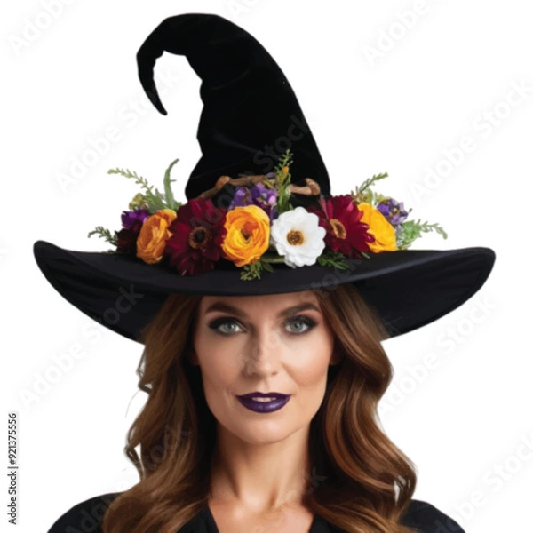 Fototapeta A beautiful witch wearing witch hat adorn with variouse flower isolated on white background 
