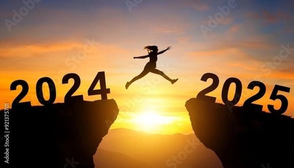 Obraz Merry Christmas and Happy new year 2025. A young girl jump between 2024 and 2025 years over the sun and through on the gap of hill silhouette, evening yellow sky. High quality image