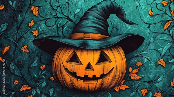 Fototapeta A cheerful jack-o'-lantern wearing a witch's hat, surrounded by autumn leaves and swirling vines on a teal background with spiderweb details, creating a festive Halloween scene