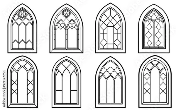 Obraz Gothic windows outline set. Silhouette of vintage stained glass church frames. Element of traditional european architecture. Vector