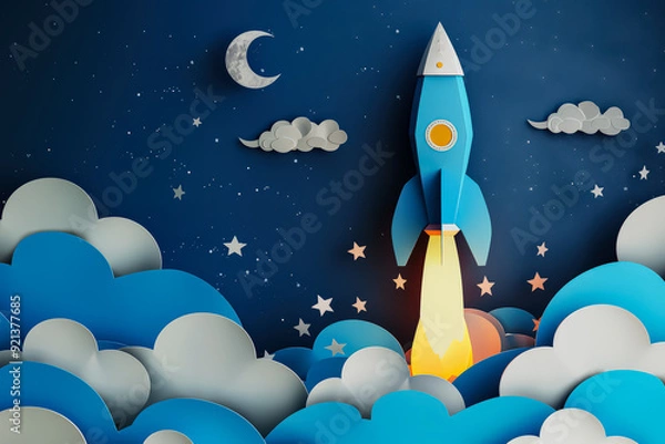 Fototapeta A blue rocket is flying through the sky with a bright light coming from its nose. The sky is filled with clouds, giving the scene a dreamy and imaginative feel