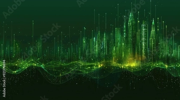 Fototapeta A cityscape with a green background and a lot of lights