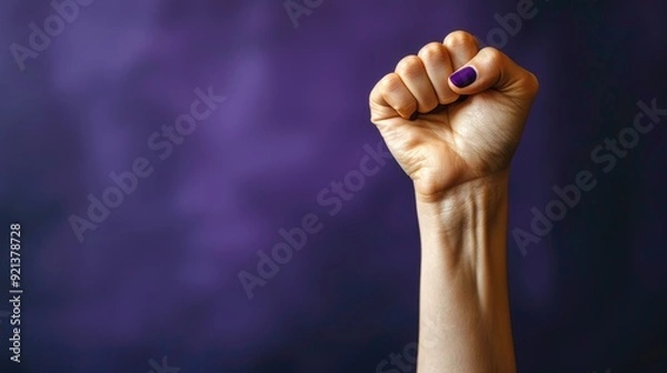 Fototapeta A woman's hand is raised in the air with a purple nail polish on it