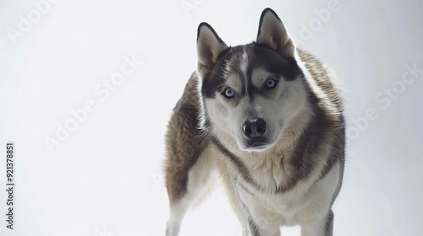 Fototapeta A Siberian husky stands alert in a bright, minimalistic setting with soft lighting