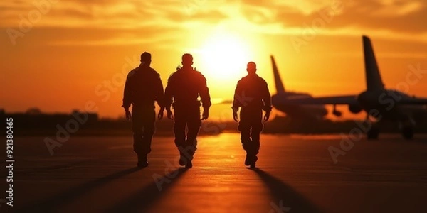Obraz Silhouettes of three men walking towards an airplane at sunset Generated image