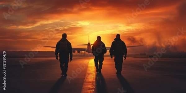 Fototapeta Silhouettes of three men walking towards an airplane at sunset Generated image