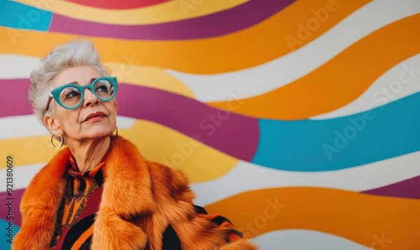 Obraz Portrait of an eccentric elderly lady with stylish glasses stading at a colorful wall of art