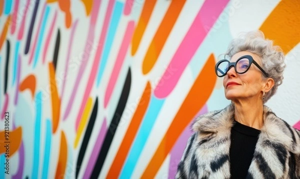 Obraz Portrait of an eccentric elderly lady with stylish glasses stading at a colorful wall of art