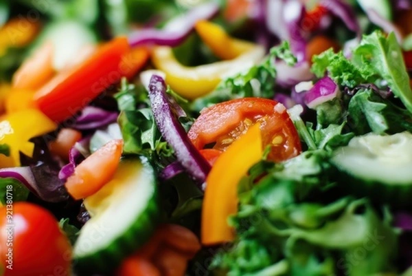 Obraz Delicious closeup of mixed salad with tomato, cucumber and onions