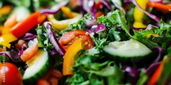 Obraz Delicious closeup of mixed salad with tomato, cucumber and onions