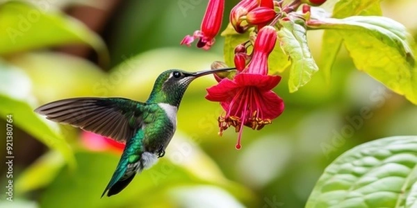 Obraz A hummingbird feeding through a fuchsia flower