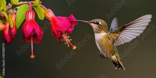 Obraz A hummingbird feeding through a fuchsia flower