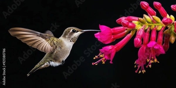 Obraz A hummingbird feeding through a fuchsia flower