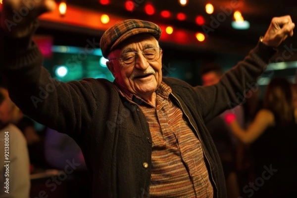 Obraz An old man with a hat dancing in a nightclub
