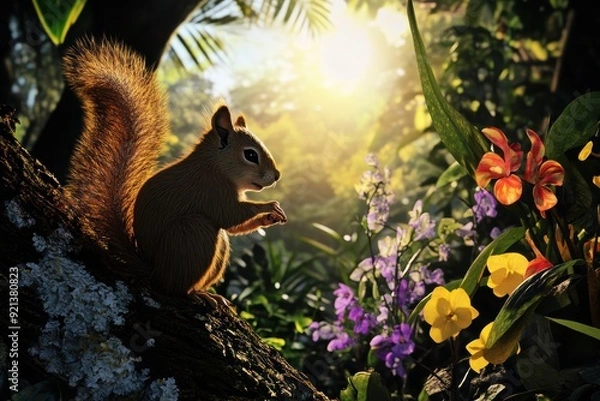 Obraz A cute squirrel  in a green park with rays of sunlight shimmering through the trees