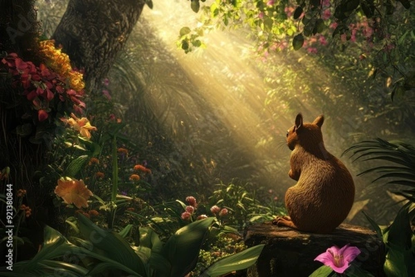 Obraz A cute squirrel  in a green park with rays of sunlight shimmering through the trees