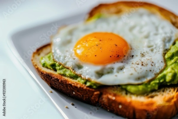 Obraz Toast with guacamole and fried egg on a plate