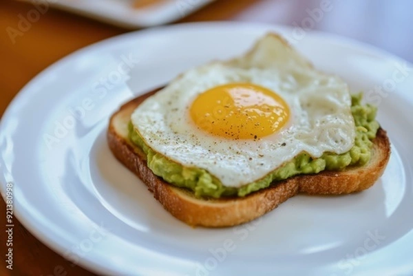 Obraz Toast with guacamole and fried egg on a plate