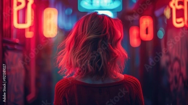 Obraz Closeup of a woman from behind in a city street with neon light at night