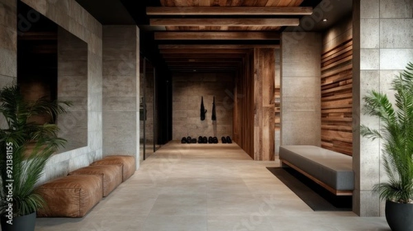 Fototapeta A modern lounge area with a combination of wooden ceilings and plush leather seats, stone walls, plants, and a mirrored wall, creating a warm and inviting interior.
