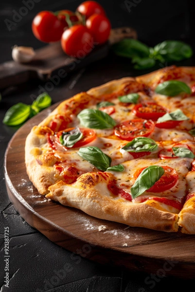 Obraz Appetizing cheese pizza featuring juicy tomatoes and fragrant herbs, laid out on a wooden table in a homely kitchen. A true taste of Italian food from a restaurant.