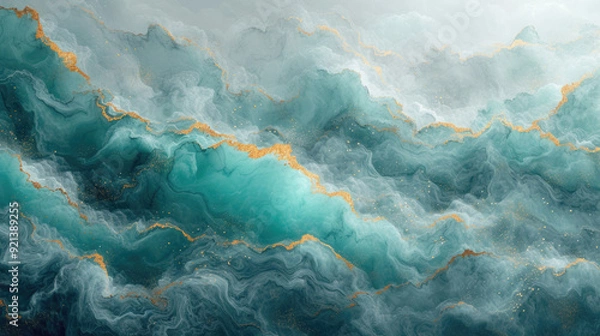 Fototapeta Elegant Abstract Wavy Watercolor Painting Texture Background Design with Teal Waves and Gold Accents – Luxurious Decorative Storm Ocean Sea Flowing Backdrop for Modern Artistic and Creative projects