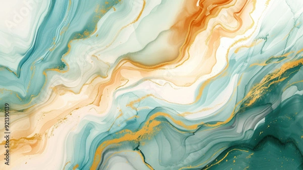 Obraz Abstract Watercolor Liquid Marble Painting Texture Background with Fluid Swirls Waves in Teal, Turquoise, Cream, and Gold – Wavy Luxurious Creative Backdrop, Bright Elegant Modern Decorative Design