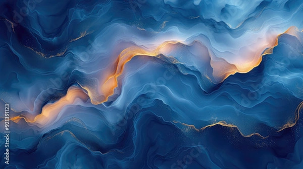 Fototapeta Elegant Abstract Wavy Deep Blue Watercolor Painting Texture Background Design with Waves and Gold Accents – Luxurious Ethereal Dark Ocean Sea Decorative Backdrop for Modern Artistic Creative projects