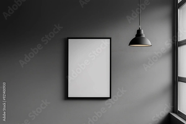Obraz A minimalist black frame hanging on a dark gray wall next to a modern lamp, offering copy space for artwork or design.