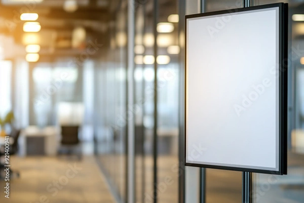 Fototapeta A blank white frame in a modern office environment with glass walls, ready for mockup or customization, symbolizing corporate design.