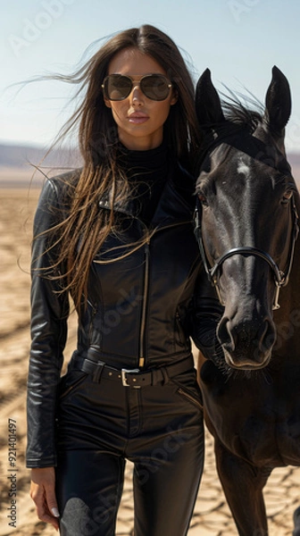 Fototapeta Desert Horse Trainer with Black Arabian Mare - Generative AI