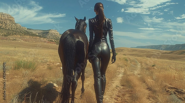 Fototapeta Desert Horse Trainer with Black Arabian Mare - Generative AI