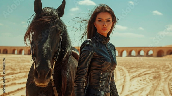 Fototapeta Desert Horse Trainer with Black Arabian Mare - Generative AI