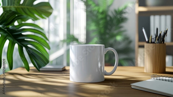 Fototapeta Show off your brand with a mug and notepad on a desk with office items and a Monstera leaf in the background.