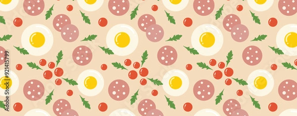 Fototapeta Pattern with fried eggs, cherry tomatoes, arugula and sausage. Vector seamless background with breakfast theme. For textile, fabric, wallpaper, packaging.