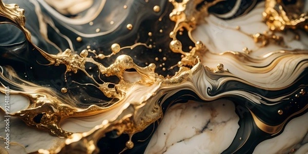 Fototapeta Abstract painting of white, black, and gold swirls, background with swirls. Marbled abstract background. Liquid marble pattern. Golden glitter texture. Fluidart, poster, wallpaper.