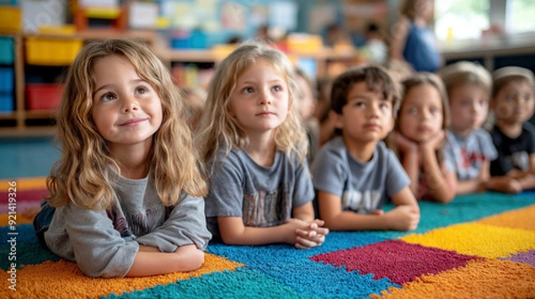 Fototapeta Group of young children, around 5 years old, sitting attentively on a colorful classroom carpet, with a focus on two blonde girls in the front, smiling and looking up.


