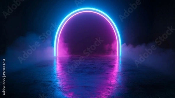 Fototapeta A wide-angle stage view bathed in neon lights, featuring a glowing futuristic arch. Bright neon lights and a misty fog surround a glowing arch on an empty stage.