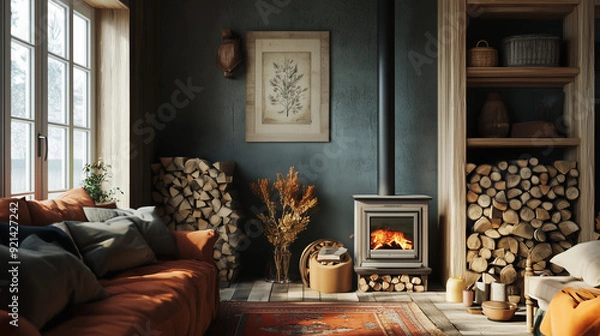 Fototapeta A charming living space with a wood stove and a stack of firewood beside it.