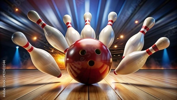 Fototapeta Close-up action shot of a bowling ball hitting pins in a strike, bottom view , bowling, ball, pins, strike, ten pin, game