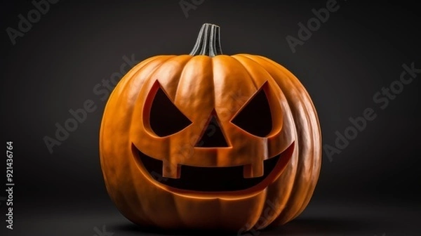 Fototapeta A scary, spooky halloween theme jack o lantern with an evil face against a dark background. 