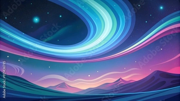 Fototapeta A iridescent neon hues swirling across the sky-like canvas, Stars twinkle in the background