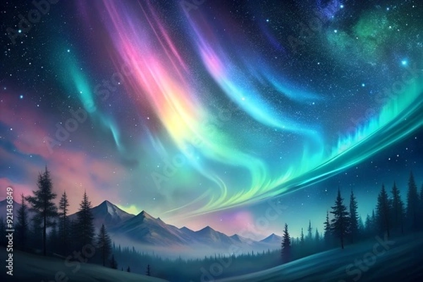 Fototapeta A iridescent neon hues swirling across the sky-like canvas, Stars twinkle in the background