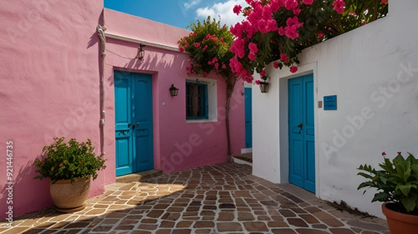 Fototapeta Picturesque street scene in a Mediterranean village, characterized by its bright and vibrant colors. 