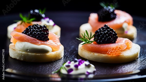 Fototapeta Food, hospitality and room service, starter appetisers with caviar as exquisite cuisine in hotel restaurant a la carte menu, culinary art and fine dining experience