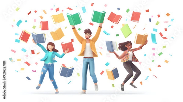 Fototapeta 3D Flat Icon People Glowing Documents Joyful Expressions Fantasy Background   Productive Happy Working Environment Isolated