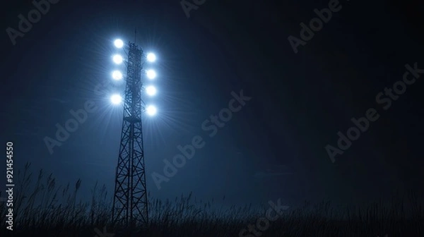 Fototapeta A signal tower with bright white LED lights, illuminating the night. -
