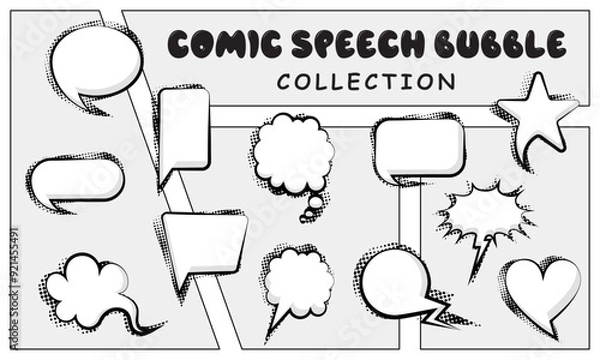 Fototapeta Monochrome comic speech bubble collection with halftone effects